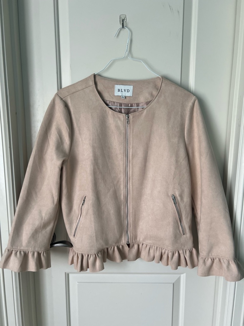 BLVD Blush Pink Ruffle-Hem Faux Suede Jacket